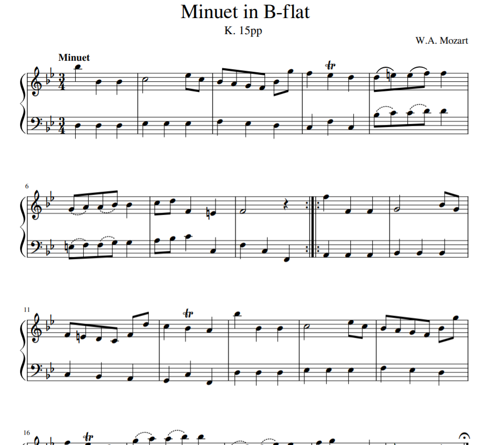 W.A. Mozart - Minuet in B-flat K. 15pp sheet piano